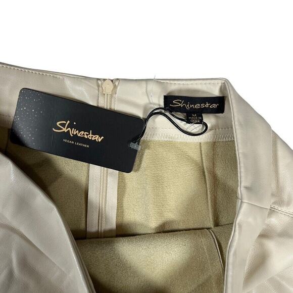 Shinestar Women’s Vegan Faux Leather Mini Skirt M Beige High Waist NWT - Picture 4 of 6